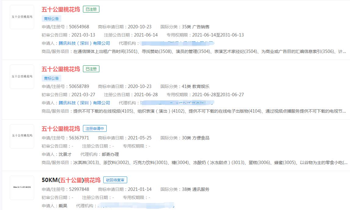 騰訊成功注冊“五十公里桃花塢”商標(biāo)，分類涉及教育和廣告